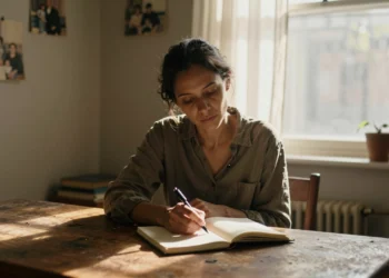 Escribir sobre tus orígenes durante cinco minutos podría cambiar cómo te relacionas contigo mismo y con los demás 10 Mujer reflexiva escribiendo en un diario abierto junto a una ventana iluminada, evocando introspección y autoconocimiento