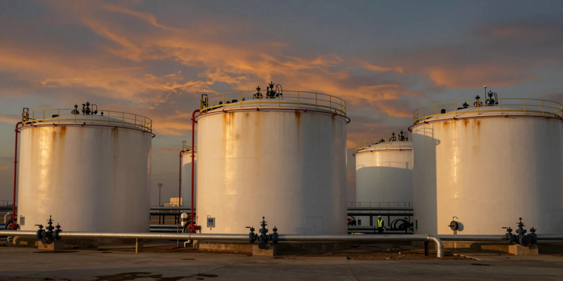 Tres depósitos, tres destinos distintos: la exención legal que no cubre lo que muchos creen en las instalaciones de oleoductos 1 Tres depósitos industriales en una instalación de oleoductos en Texas al atardecer con un trabajador revisando normativa