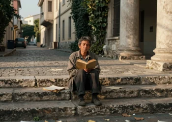 Frases de superación personal que grandes pensadores usaron para no rendirse jamás 9 Persona sentada en escalones de piedra sosteniendo un libro, rodeada de notas, bajo una cálida luz dorada matutina