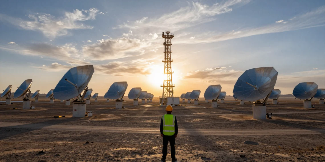 Ingeniero chino ante una planta solar de concentración con heliostatos y torre receptora en el desierto