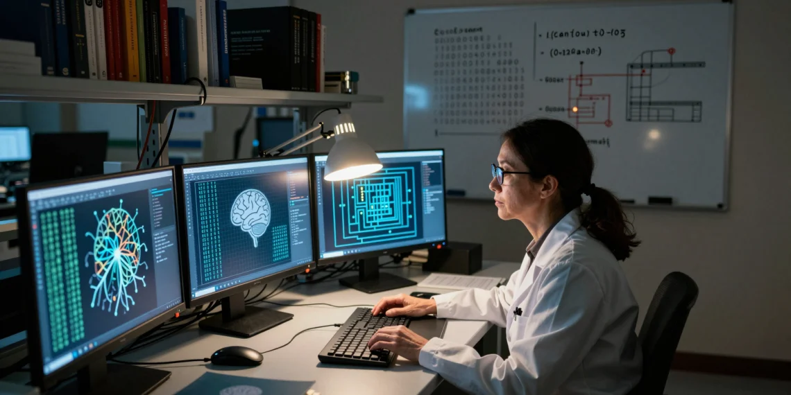 Las IA modernas hacen millones de multiplicaciones para responder una pregunta: una investigadora lleva años demostrando que no hace falta ninguna 1 Investigadora frente a monitores con diagramas de redes neuronales en laboratorio universitario nocturno