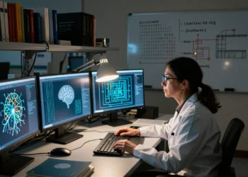 Las IA modernas hacen millones de multiplicaciones para responder una pregunta: una investigadora lleva años demostrando que no hace falta ninguna 2 Investigadora frente a monitores con diagramas de redes neuronales en laboratorio universitario nocturno