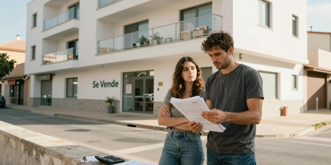 Comprar una vivienda nueva en España cuesta un 26% más solo en impuestos, y la brecha con Europa no para de crecer 1 Pareja joven frente a un edificio de obra nueva en España con documentos, reflejando el peso fiscal de comprar vivienda