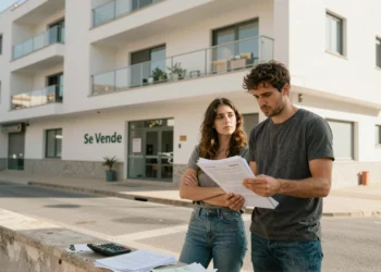 Comprar una vivienda nueva en España cuesta un 26% más solo en impuestos, y la brecha con Europa no para de crecer 6 Pareja joven frente a un edificio de obra nueva en España con documentos, reflejando el peso fiscal de comprar vivienda