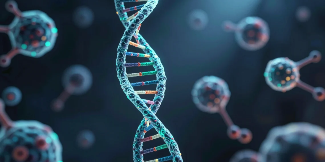 Biología molecular: la ciencia que descifra el lenguaje secreto de tus células y está cambiando la medicina para siempre 1 Doble hélice de ADN luminiscente en azul cobalto y verde bioluminiscente dentro de una célula humana en biología molecular