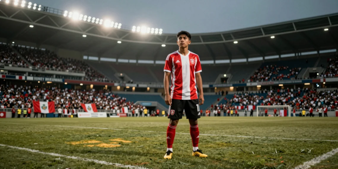 Perú busca su rumbo en Miami: jóvenes desconocidos y un técnico que apuesta por reinventar a la 'bicolor' antes del Mundial 1 Joven futbolista peruano con la camiseta bicolor en el centro del césped del Nu Stadium de Miami al atardecer