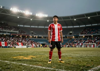 Joven futbolista peruano con la camiseta bicolor en el centro del césped del Nu Stadium de Miami al atardecer