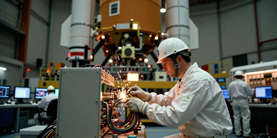 Detrás de cada cohete hay alguien que mantiene encendida la electricidad: así trabajan los técnicos eléctricos de la NASA 1 Técnico eléctrico de la NASA con traje de sala limpia conectando arneses de cableado en la base de un cohete