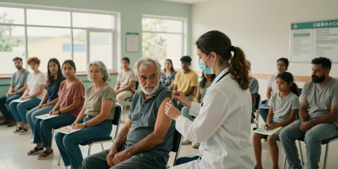 Salud pública y medicina preventiva: la especialidad que protege a poblaciones enteras antes de que enfermen 1 Enfermera vacunando a un anciano en una clínica pública con personas de diversas edades esperando en fila
