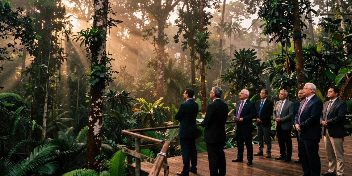 COP30 en Belém: la cumbre climática más importante de los últimos años llega al corazón del Amazonas 1 Diplomáticos observan el dosel del Amazonas desde una plataforma de madera en Belém durante la COP30