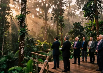 COP30 en Belém: la cumbre climática más importante de los últimos años llega al corazón del Amazonas 5 Diplomáticos observan el dosel del Amazonas desde una plataforma de madera en Belém durante la COP30