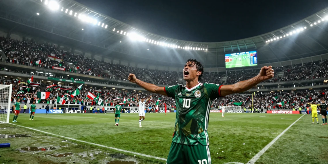 Futbolista mexicano celebra un golazo con los brazos abiertos en el Estadio Azteca ante miles de aficionados