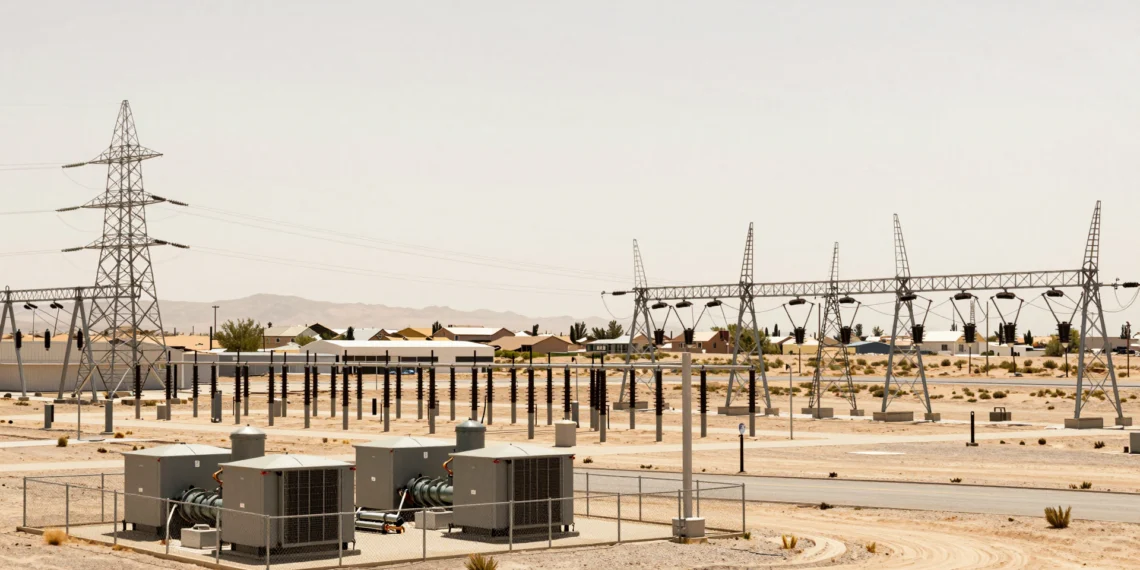 Más de 35 gigavatios de energía de reserva dormida: EE. UU. los activa de emergencia para evitar apagones por el calor 1 Subestación eléctrica en el desierto de EE. UU. con torres de alta tensión y generadores de reserva bajo calor extremo