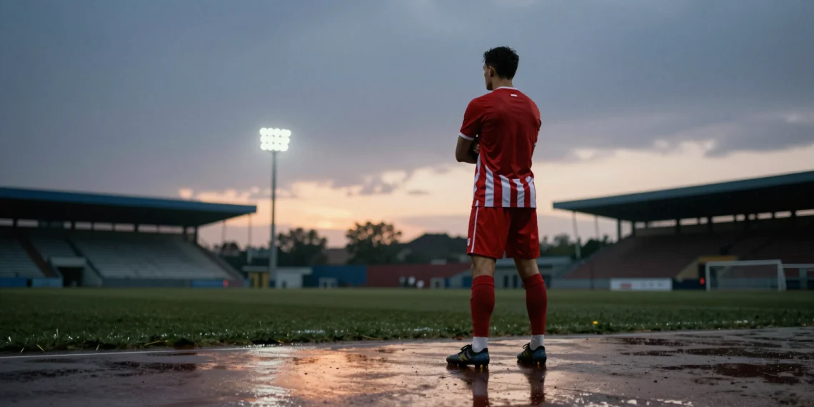 Laporte y el Barça: una historia de encuentros fallidos que vuelve a abrirse en el peor momento 1 Defensa central de espaldas en campo lluvioso al atardecer, mirando la silueta de un estadio iluminado
