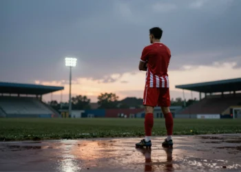 Defensa central de espaldas en campo lluvioso al atardecer, mirando la silueta de un estadio iluminado