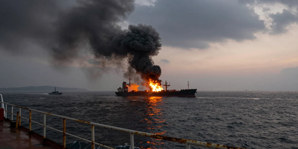 Un alto el fuego pactado con concesiones históricas se rompe en el Estrecho de Ormuz tres semanas después de firmarse 1 Columna de humo negro sobre un buque en llamas en el Estrecho de Ormuz al amanecer, visto desde la cubierta de un petrolero