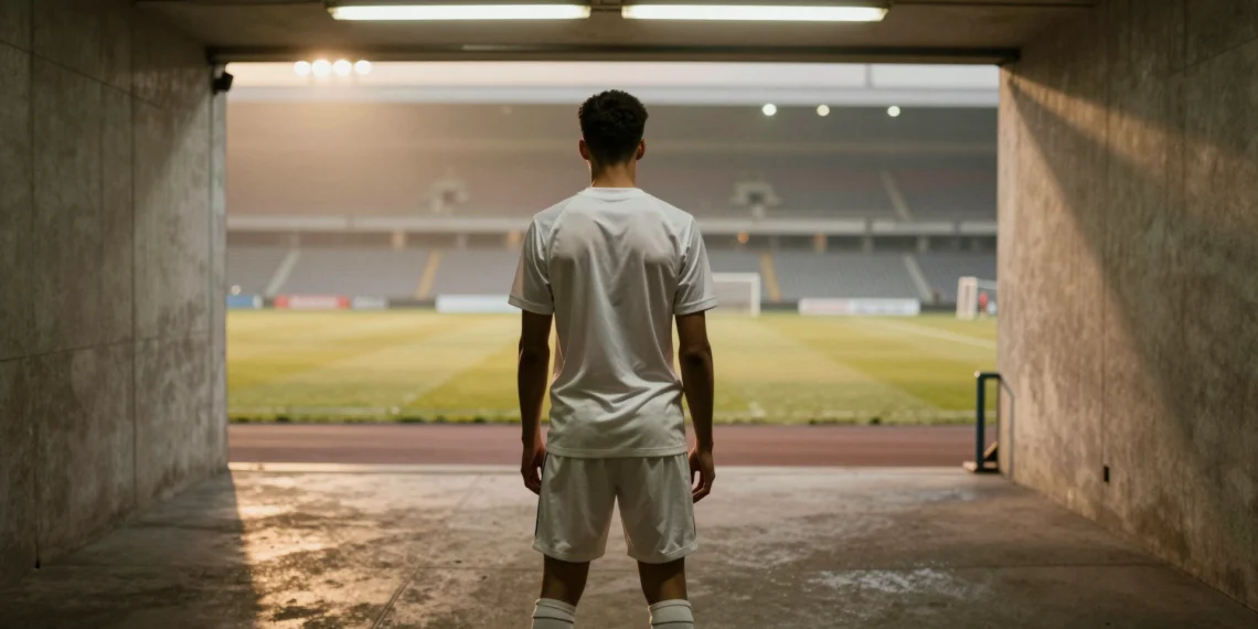 Camavinga se acerca a la salida del Real Madrid tras una temporada para olvidar y una oferta que el City estudia con seriedad 1 Futbolista joven de espaldas en el túnel de un estadio vacío, con el césped iluminado al fondo, evocando incertidumbre
