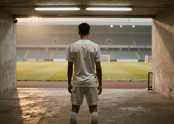 Camavinga se acerca a la salida del Real Madrid tras una temporada para olvidar y una oferta que el City estudia con seriedad 10 Futbolista joven de espaldas en el túnel de un estadio vacío, con el césped iluminado al fondo, evocando incertidumbre