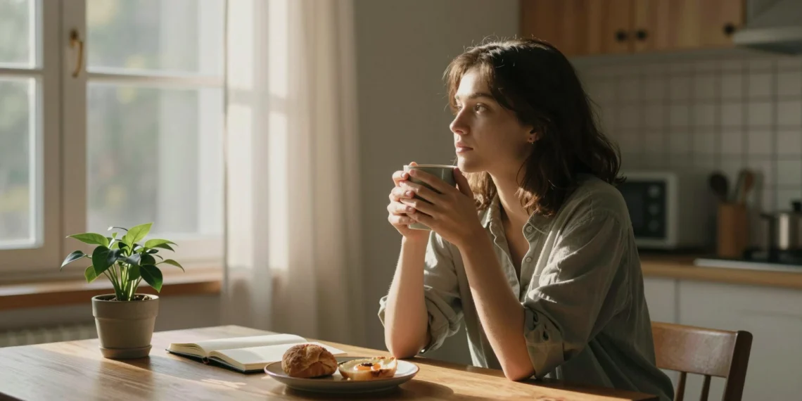 Bienestar personal: la ciencia revela que no basta con «no estar mal» para vivir en equilibrio real 1 Mujer joven en mesa de cocina soleada sosteniendo taza de té, con diario y planta, en ritual matutino consciente