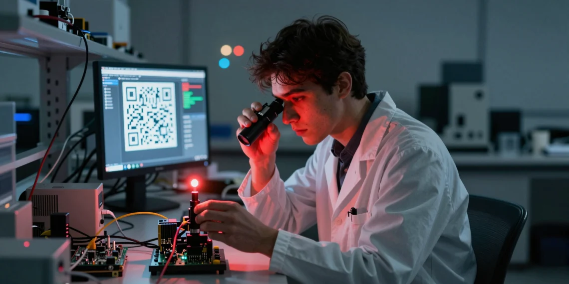 Investigadores de Cornell Tech logran actualizar la IA de un robot usando únicamente pulsos de luz, sin cables ni circuitos analógicos 1 Investigador de Cornell Tech usando pulsos de luz roja para actualizar la IA de un robot sin cables en laboratorio