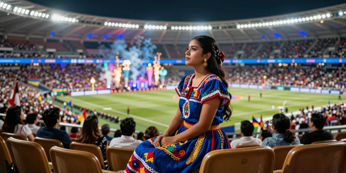 Yollet viajó desde Veracruz con un traje náhuatl para ocupar el asiento más especial del Azteca 1 Yollet, joven mexicana con traje tradicional náhuatl en índigo y oro, sentada en el asiento especial del Estadio Azteca
