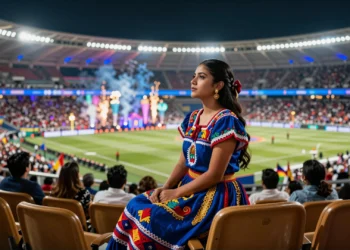 Yollet, joven mexicana con traje tradicional náhuatl en índigo y oro, sentada en el asiento especial del Estadio Azteca