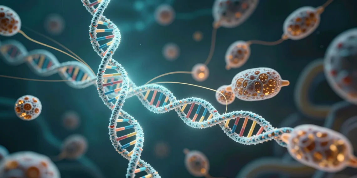 El dogma central de la biología molecular que aprendiste en clase no cuenta toda la historia 1 ADN de doble hélice luminoso y ARN mensajero fluyendo hacia ribosomas en el interior de una célula viva