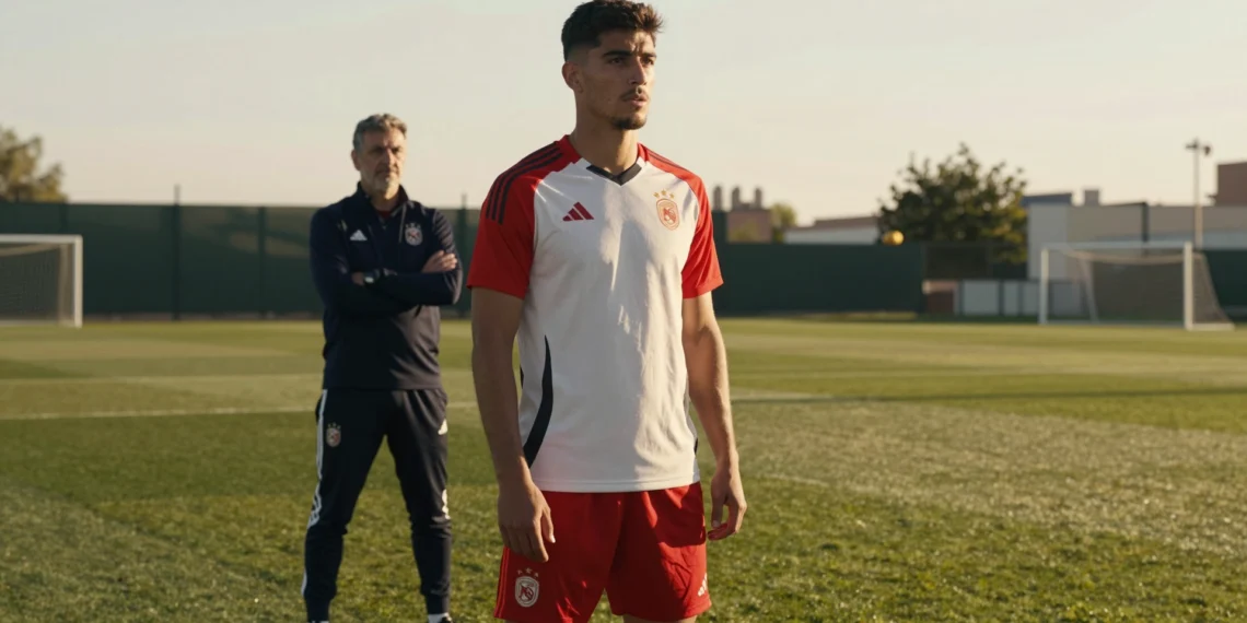 Simeone revela el papel de Julián Álvarez en el Atlético: "Es el jugador sobre el que generar el juego" 1 Julián Álvarez en el entrenamiento del Atlético de Madrid con Simeone observando al fondo bajo la luz dorada del atardecer