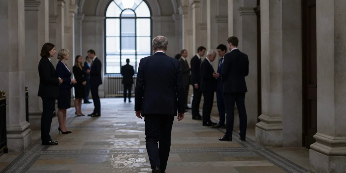 Keir Starmer asiste a su propio funeral político mientras el laborismo busca un sucesor para salvar al Gobierno 1 Figura solitaria camina por un pasillo del Parlamento británico, evocando el aislamiento político de Keir Starmer