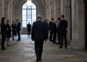 Figura solitaria camina por un pasillo del Parlamento británico, evocando el aislamiento político de Keir Starmer