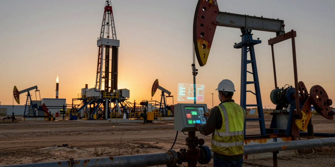 EE. UU. destina 65 millones de dólares a transformar su industria del petróleo y gas con inteligencia artificial y materiales avanzados 1 Trabajador en instalación petrolera de EE. UU. junto a panel de control digital con IA al atardecer