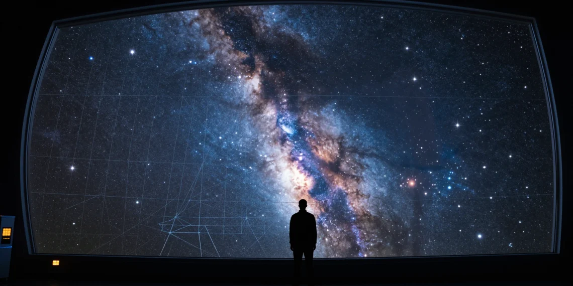Energía oscura y materia oscura podrían ser dos caras de un mismo fenómeno oculto en una dimensión que nunca hemos visto 1 Astrofísico silueteado ante una ventana de observatorio con mapa estelar proyectado y galaxias en tonos azules y violetas