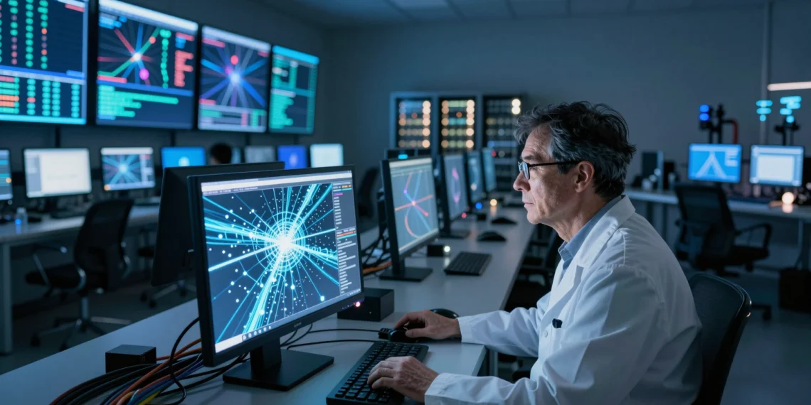 Física descubierta por máquinas que nadie sabe explicar: la ciencia enfrenta su propio problema del «42» 1 Físico en sala de control de física de partículas observando patrones de colisión generados por IA entre monitores con datos