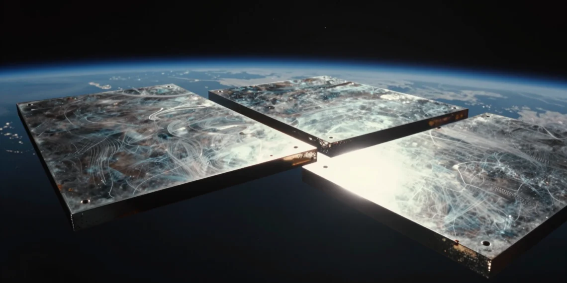 Dos placas de metal que no se pegan en la Tierra pueden fundirse en una sola pieza al llegar al espacio 1 Dos placas metálicas pulidas fusionándose en el espacio exterior con la Tierra al fondo