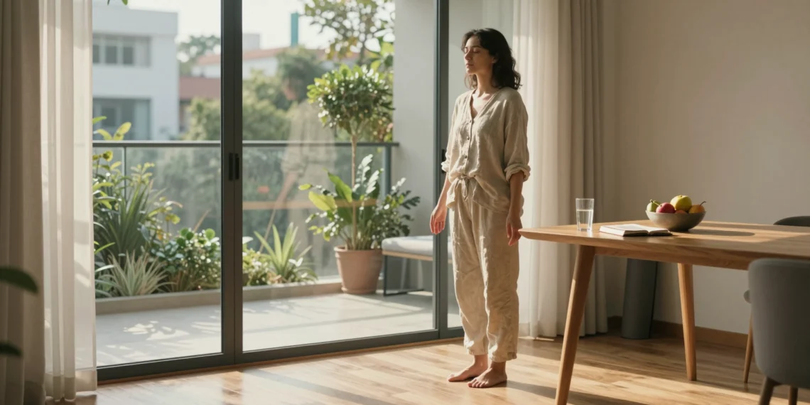 Adoptar 15 hábitos saludables transforma la vida cotidiana: cuerpo, mente y espíritu en equilibrio 1 Mujer practicando mindfulness al amanecer junto a ventana con agua, fruta y diario sobre mesa de madera
