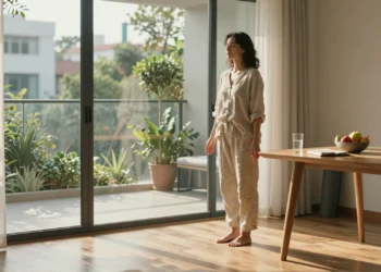Adoptar 15 hábitos saludables transforma la vida cotidiana: cuerpo, mente y espíritu en equilibrio 9 Mujer practicando mindfulness al amanecer junto a ventana con agua, fruta y diario sobre mesa de madera