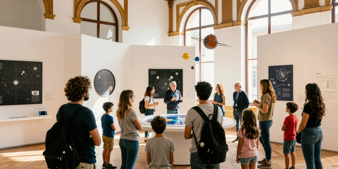 El Consejo Superior de Investigaciones Científicas en Sevilla: ciencia pública al alcance de todos desde uno de sus centros más singulares 1 Visitantes adultos y niños explorando una exposición científica interactiva en un centro de divulgación del CSIC en Sevilla