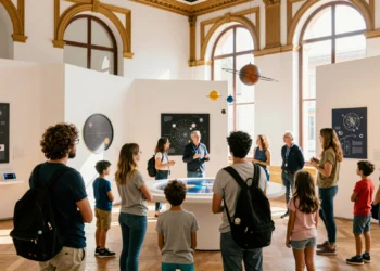 El Consejo Superior de Investigaciones Científicas en Sevilla: ciencia pública al alcance de todos desde uno de sus centros más singulares 2 Visitantes adultos y niños explorando una exposición científica interactiva en un centro de divulgación del CSIC en Sevilla