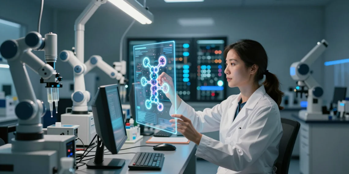 Diseñar un medicamento solía tardar décadas — la IA está comprimiendo ese proceso de formas que la industria farmacéutica apenas empieza a comprender 1 Científica analiza estructura molecular en pantalla digital en laboratorio farmacéutico de alta tecnología con IA