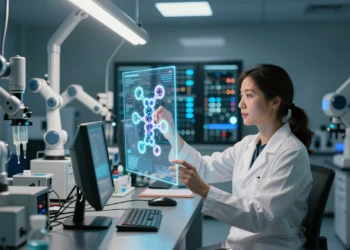 Diseñar un medicamento solía tardar décadas — la IA está comprimiendo ese proceso de formas que la industria farmacéutica apenas empieza a comprender 1 Científica analiza estructura molecular en pantalla digital en laboratorio farmacéutico de alta tecnología con IA