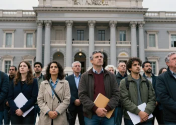 Inmigrantes con documentos en los escalones del Tribunal Supremo de España en Madrid, bajo un cielo gris