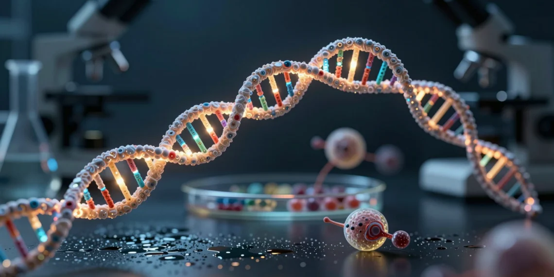 Bacterias capaces de fabricar genes al vuelo: el hallazgo que pone a prueba el dogma de la biología molecular 1 Doble hélice de ADN desenrollándose con hebras de ARN curvándose en arco inverso y bacterias translúcidas bioluminiscentes
