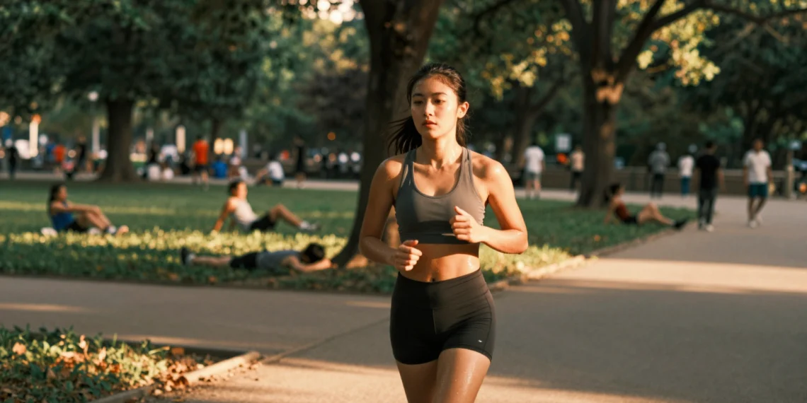 Cuerpo y mente comparten el mismo cuidado: lo que la ciencia dice sobre mejorar tu salud física y mental a la vez 1 Mujer joven corriendo en parque urbano al atardecer, expresando serenidad y fuerza, símbolo de la conexión cuerpo-mente