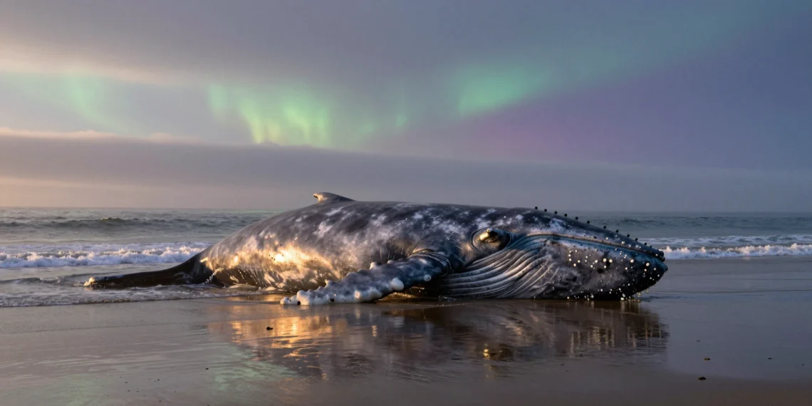 Tormentas solares y ballenas grises varadas: una conexión inesperada que los científicos empiezan a descifrar 1 Ballena gris varada en la costa del Pacífico al atardecer, con un cielo que sugiere actividad de tormenta solar