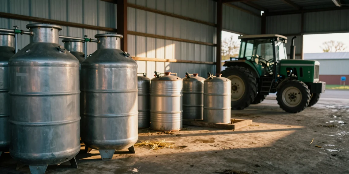 Granjas lecheras y la normativa anticontaminación: la exención que no es tan amplia como muchos creen 1 Interior de granja lechera con tanques de acero inoxidable y bidones de combustible diésel junto a un tractor verde