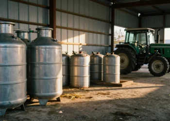 Interior de granja lechera con tanques de acero inoxidable y bidones de combustible diésel junto a un tractor verde