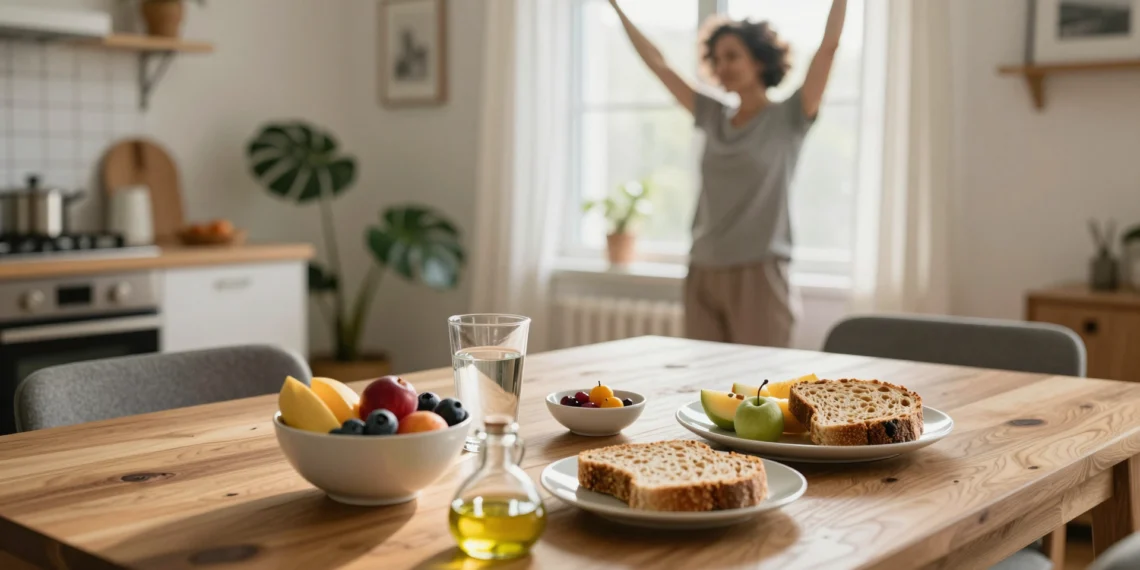 Hábitos saludables ejemplos que cualquier persona puede incorporar a su rutina diaria sin grandes esfuerzos 1 Desayuno saludable con frutas, agua y pan integral en mesa de madera, con persona estirándose junto a ventana soleada