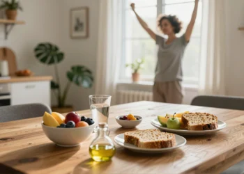 Hábitos saludables ejemplos que cualquier persona puede incorporar a su rutina diaria sin grandes esfuerzos 3 Desayuno saludable con frutas, agua y pan integral en mesa de madera, con persona estirándose junto a ventana soleada