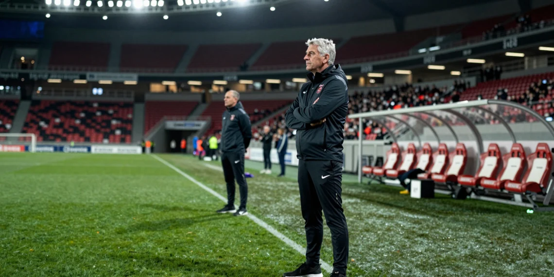 Petkovic conoce cada secreto de Suiza, y ahora dirige al equipo que puede eliminarla del Mundial 1 Entrenador de fútbol observa el campo con los brazos cruzados en la banda de un estadio internacional iluminado de noche