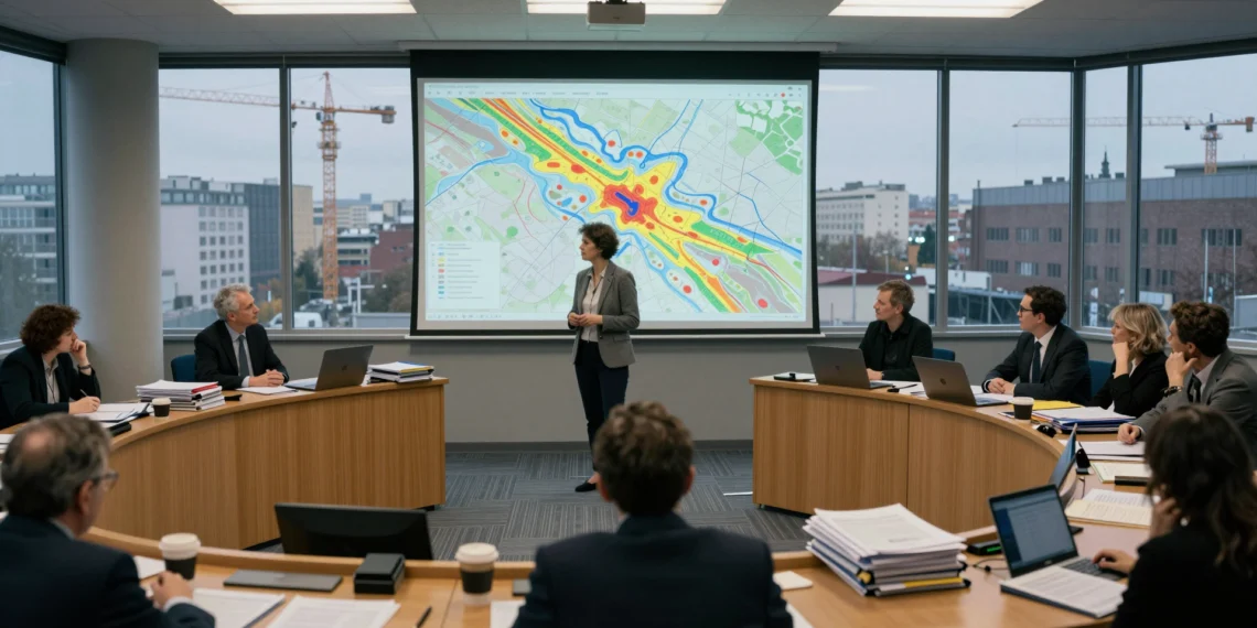 Los planes de adaptación al cambio climático municipales aciertan en el diagnóstico, pero el dinero acaba siempre en el mismo lugar 1 Urbanista presenta mapa de riesgos climáticos en sala municipal con funcionarios locales rodeados de informes y documentos